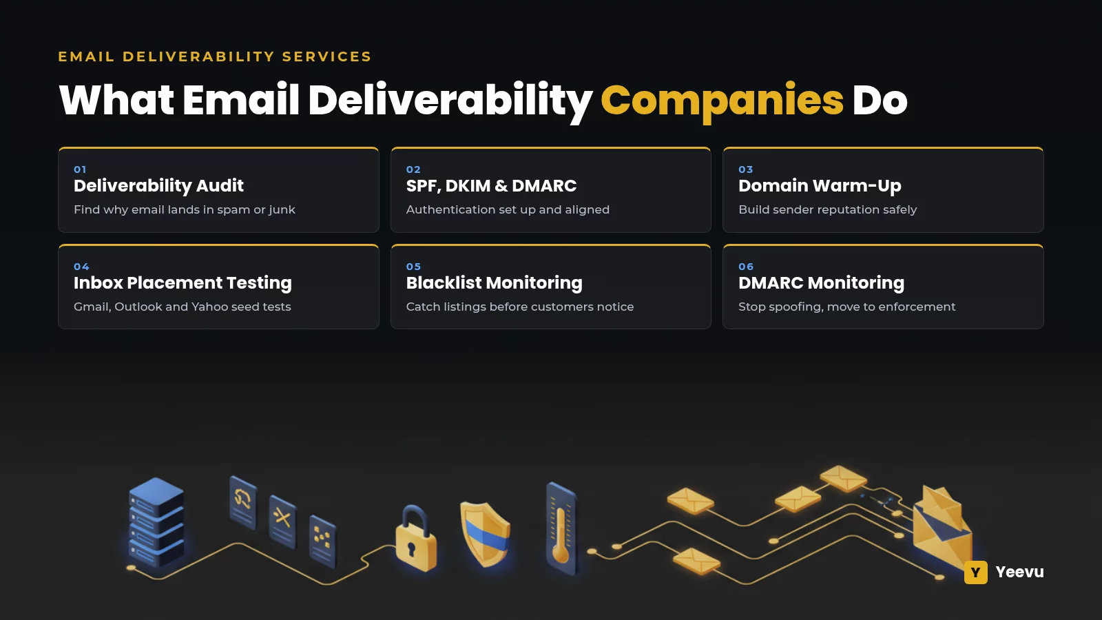 Email Deliverability Services - What Email Deliverability Companies Do Email deliverability services offered by email deliverability companies: deliverability audit, SPF DKIM and DMARC setup, domain warm-up, inbox placement testing, blacklist monitoring and DMARC monitoring