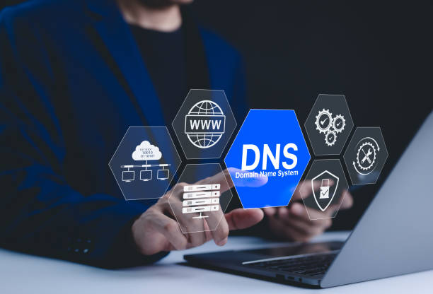 DNS management interface represented above a laptop